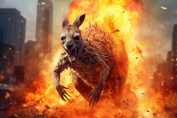 Aufkleber - A digital illustration of a Kangaroo engulfed in flames, symbolizing destruction, chaos, or revolution.  Generative AI technology.