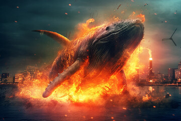 Fototapete - A digital illustration of a Whale engulfed in flames, symbolizing destruction, chaos, or revolution.  Generative AI technology.