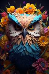 Poster - A conceptual image of a Owl made from unconventional materials, such as flowers or feathers, challenging the perception of Owl as solely utilitarian objects.  Generative AI technology.