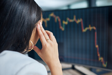Aufkleber - Business woman, stress and computer graphs on dashboard screen for data analysis report. Back of female broker at pc for SEO, trading and anxiety for fail, stock market crash or crisis problem