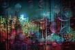 © ADDICTIVE STOCK - Generative AI illustration of abstract background of city with skyscrapers in blue night sky with glass textured bubbles in glowing lights