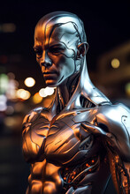 Close Up Of The Upper Body Of A Futuristic Male Humanoid Robot In Bright Color And Neon Lights Standing At Night On The Street