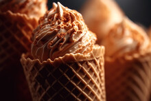 Generative AI Illustration Sweet And Delicious Caramel Flavored Ice Cream Balls In Waffle Cones Sprinkled With Biscuit Crumbs