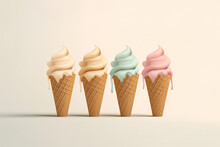 Generative AI Illustration Of A Set Of Delicious Ice Cream Scoops Of Different Colors And Flavors In Crispy Waffle Cones Melting