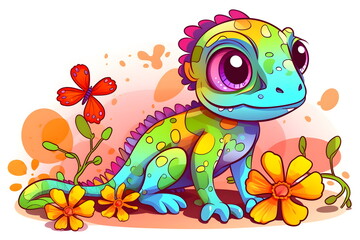 Poster - Colorful lizard sitting on the ground next to flower and butterfly. Generative AI.