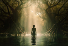 Generative AI illustration rear view of a faceless woman in a lake surrounded by trees in sunlight, representing the concept of immersion in nature
