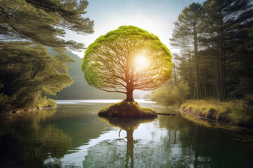 Generative AI illustration of a picturesque landscape with green trees and a lake on a sunny day representing the concept of immersion in nature