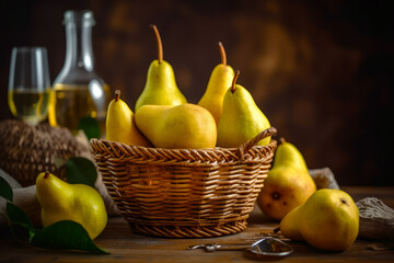 Poster - Wicker basket filled with pears next to bottle of olive oil. Generative AI.