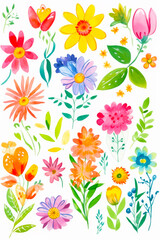 Wall Mural - Bunch of colorful flowers and leaves on white background with white background. Generative AI.