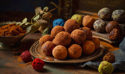 Sticker - Pile of chocolate truffles sitting on top of brown plate. Generative AI.