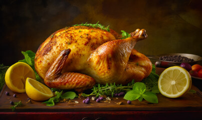 Canvas Print - Roasted turkey with herbs and lemons on cutting board with slice of lemon. Generative AI.