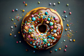 Wall Mural - Donut with chocolate frosting and sprinkles on table. Generative AI.