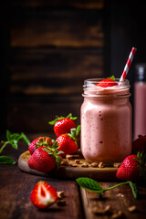 Poster - Smoothie in mason jar with strawberries on wooden board. Generative AI.