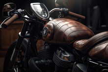 Generative AI Illustration Of Modern Motorcycle With Leather Seat Cover In Closeup View Parked On Dark Background In City