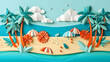 © JMarques - Paper style summer background. Beach with umbrellas, palm trees, sand, sea and waves. Vacation illustration. Generative ai.