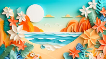 Summer Paper And Cutout Style Background. Beach With Palm Trees, Birds Flying, Sun, Tropical Plants And Flowers. Generative Ai.