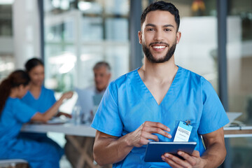 Poster - Hospital, doctor and portrait of man on tablet for medical analysis, research and report in meeting. Healthcare, clinic and male nurse on digital tech for wellness app, online consulting and service