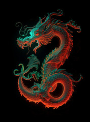 Wall Mural - Image of a dragon with beautiful bright colors on black background. Mythical creatures. Illustration, Generative AI.