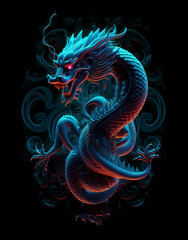 Image of a dragon with beautiful bright colors on black background. Mythical creatures. Illustration, Generative AI.