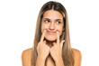 © vladimirfloyd - Smiling woman with closed mouth, fingers pointing and forcing cheerful smile