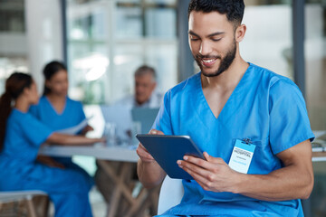 Poster - hospital, doctor and man on tablet for medical analysis, research and report in team meeting. health