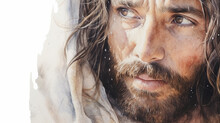 Watercolour Pencil Illustration Of Close Up Jesus Portrait. Peaceful And Serene Mood. Banner With Copy Space. Generative AI 