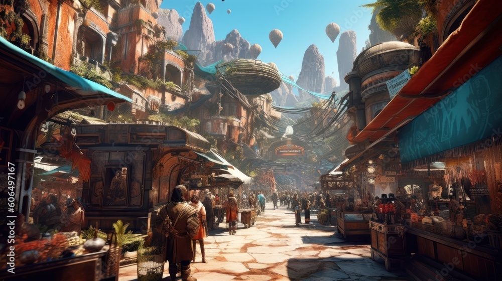 Bustling marketplace on an alien planet, filled with exotic alien ...