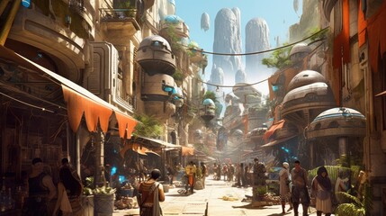 Wall Mural - Bustling marketplace on an alien planet, filled with exotic alien species, bizarre goods, and vibrant colors, creating a sense of wonder and cultural diversity