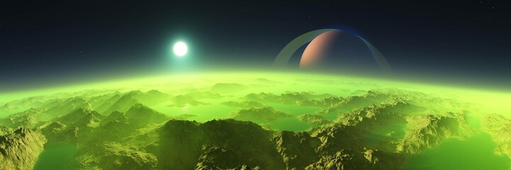 Wall Mural - Titan (satellite of Saturn) at sunset, panorama of the red planet at sunrise, the surface of an alien from space, 3d rendering