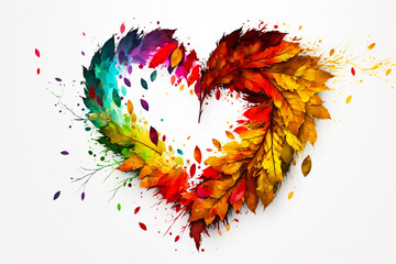 Sticker - Heart made out of colorful leaves and watercolors on white background. Generative AI.