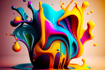 Wall Mural - Multicolored liquid pouring out of cup on top of table. Generative AI.