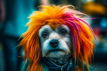 Wall Mural - Close up of dog with red and yellow wig on it's head. Generative AI.