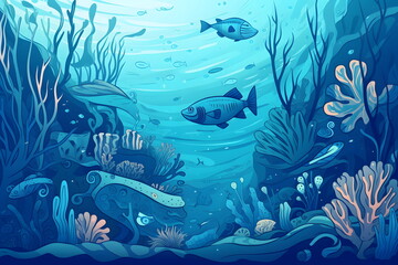 Sticker - Underwater scene with fish and corals on the bottom of the water. Generative AI.