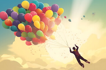 Poster - Man flying through the air while holding onto bunch of colorful balloons. Generative AI.