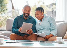 Technology, married couple with tablet and documents for pay their bills in a living room of their home. Finance or loan, budget or payment and black people with paper on a couch happy together