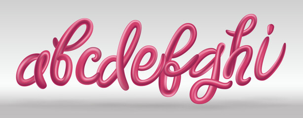 Glossy 3D bubble font in Y2K style: shiny plastic pink English alphabet letters, realistic vector illustration.  Vector creative typography. 