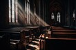 The sun shines through the windows of a church. Generative AI image.
