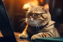 Smiling Cat With Eyeglasses And Laptop. Concept Of Hardworking Pet. Generative AI