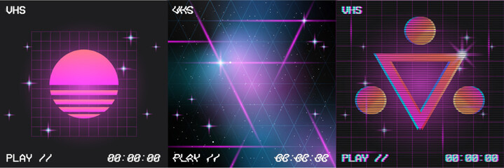 Aufkleber - Synthwave wireframe net illustration. Set of digital backgrounds. 80s, 90s Retro futurism, Retro wave cyber grid sunset. VHS style. Deep space surfaces. Neon lights glowing. Starry background.