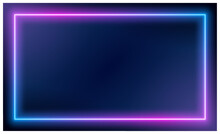 Neon Square Frame With Shining Effects On Dark Background. Empty Glowing Techno Backdrop. Vector Illustration. 