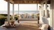  a porch with a swing chair and pillows on the front porch of a beach house with a view of the ocean in the distance,.  generative ai