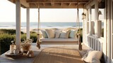 Fototapeta Londyn -  a porch with a swing chair and pillows on the front porch of a beach house with a view of the ocean in the distance,.  generative ai