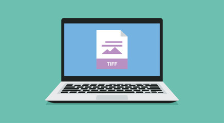 Poster - file format icon with tiff label on laptop screen, vector flat illustration