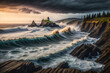The storm waves from the Pacific Ocean crash against the rocky bluffs at Cape Disappointment, Washington, USA. Generative AI