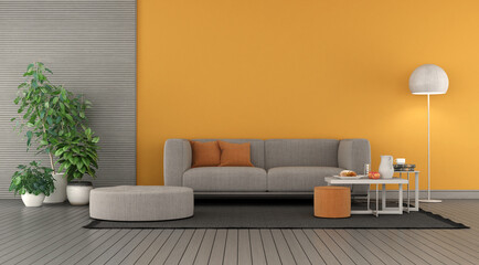 Poster - Modern living room with orange wall and gray sofa