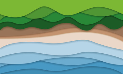 Top view landscape in paper cut style. Aerial view 3d background with river or sea forest canopy and land. Vector papercut illustration of creative concept idea environment conservation and nature