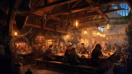 Wall Mural - Cozy and bustling fantasy tavern, with adventurers, merchants, and creatures from all walks of life gathering for stories, music, and merriment