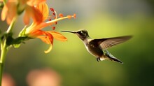  A Hummingbird Flying Towards A Flower With Its Beak Open And Wings Wide Open, With A Blurry Background Of Orange Flowers And Green Foliage.  Generative Ai