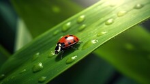  A Ladybug Sitting On Top Of A Green Leaf Covered In Water Drops Of Water On It's Side, With A Dark Background Of Green Leaves.  Generative Ai