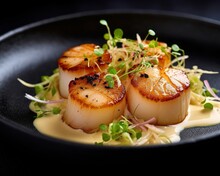 Scallops Plated Elegantly With A Creamy Sauce Drizzled Artistically